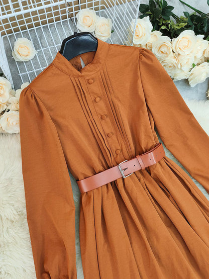 A-Line Elasticated Waist Belted Buttoned Contrast Color Pleated Split-Joint Stand Collar Maxi Dresses Shirt Dress