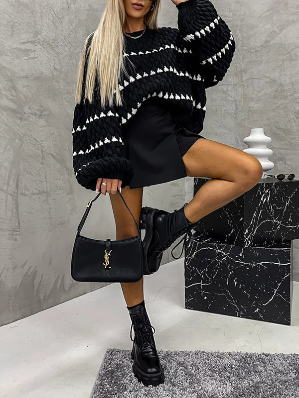 Loose Puff Sleeves Split-Joint Round-Neck Sweater Tops