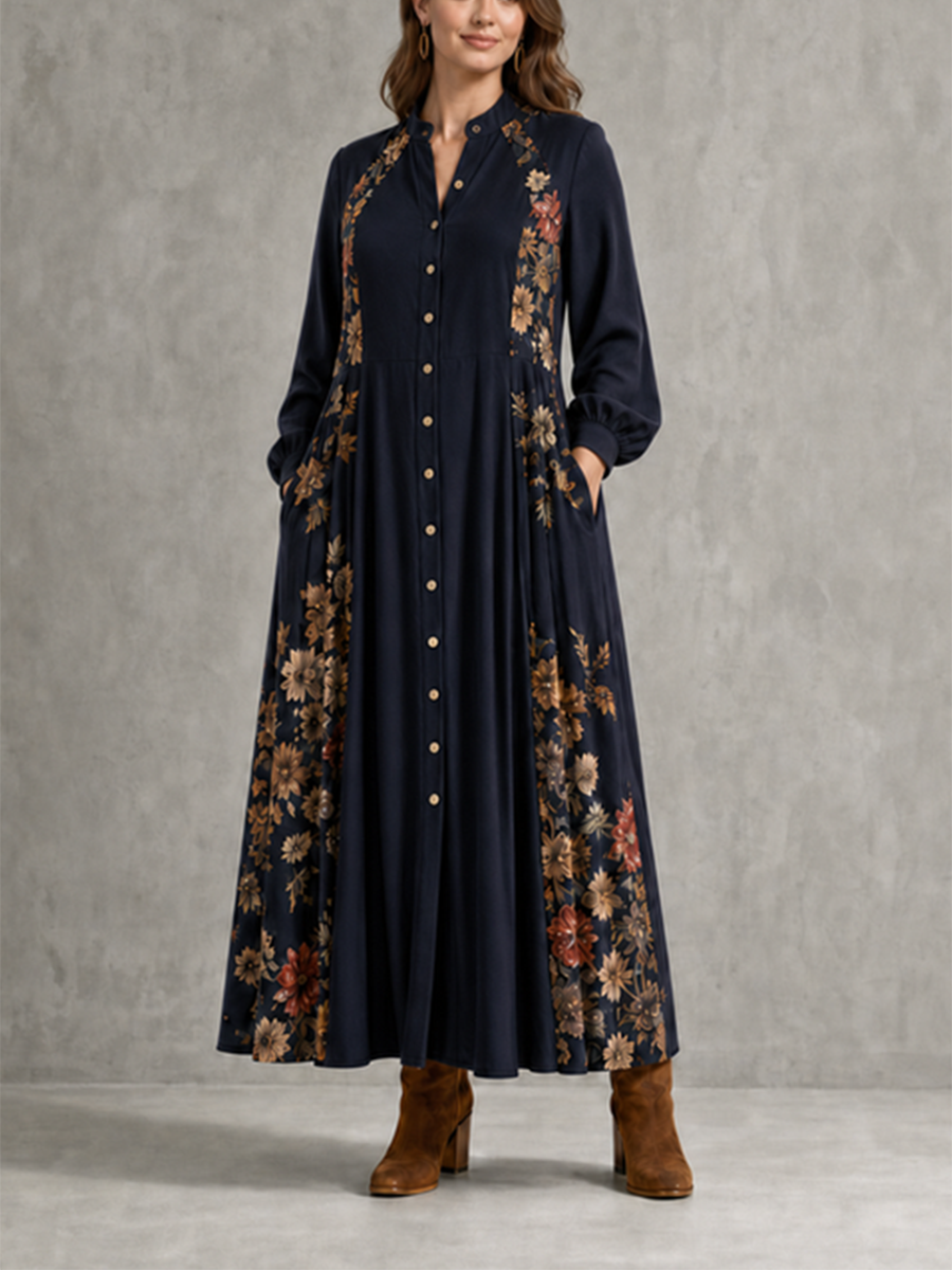 Pockets Pleated Flower Print Contrast Color Buttoned Loose Long Sleeves Round-neck Maxi Dresses