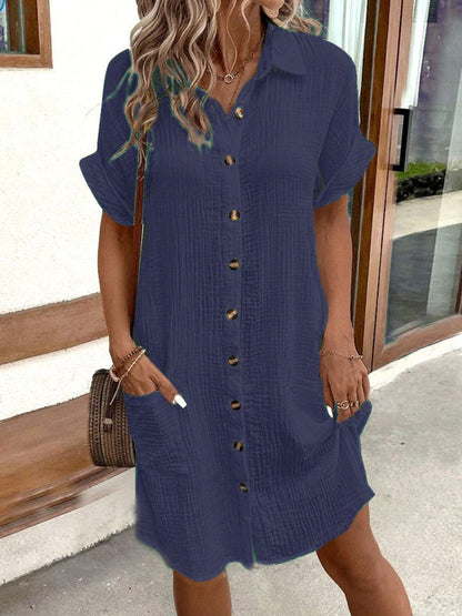 Half Sleeves Loose Buttoned Pockets Solid Color Lapel Mini Dresses