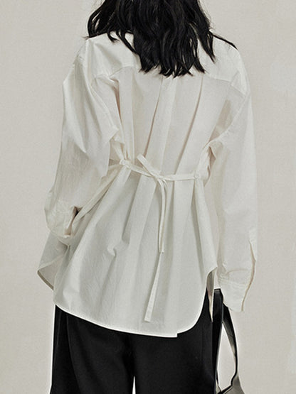 Long Sleeves Loose Buttoned Solid Color Tied Round-Neck Blouses&Shirts Tops