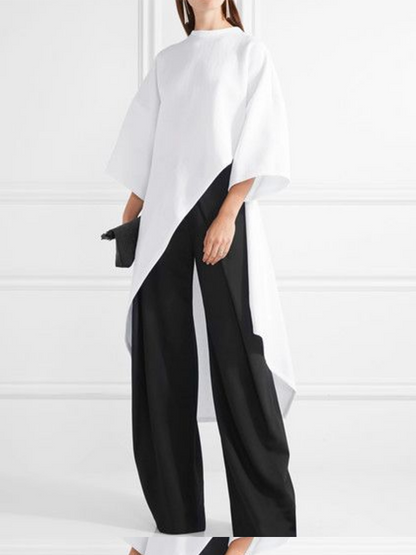 High-Low Loose Asymmetric Solid Color Round-Neck T-Shirts Tops