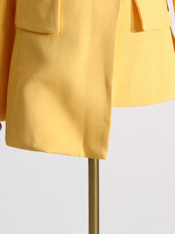 Long Sleeves Loose Asymmetric Buttoned Hollow Solid Color Tied Asymmetric Collar Blazer