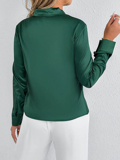 Long Sleeves Loose Solid Color Split-Joint Streamer Scarf Collar Blouses&Shirts Tops