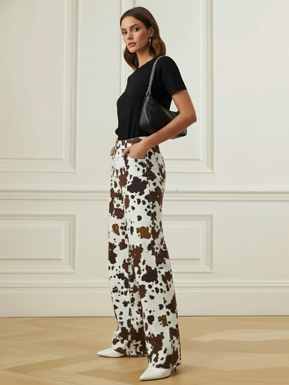 Elasticated Waist High Waisted Contrast Color Cow Printed Split-Joint Pants