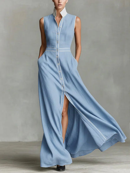 A-Line High Waisted Buttoned Contrast Color Pockets Split-Joint Lapel Maxi Dresses