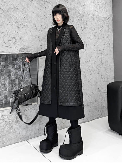 Loose Sleeveless Buttoned Plaid Pockets Solid Color Split-Joint Notched Collar Outerwear Padded Vest