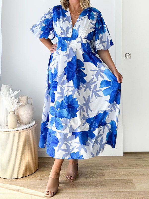 A-line High Waisted Flower Print Pleated Split-Joint Zipper V-neck Midi Dresses