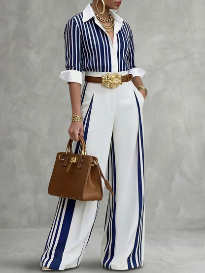 Long Sleeves Buttoned Contrast Color Striped Lapel Blouses&Shirts Tops