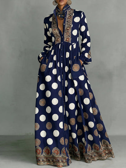 High Waisted Long Sleeves Big Hemline Buttoned Contrast Color Pleated Pockets Polka-Dot Stand Collar Maxi Dresses