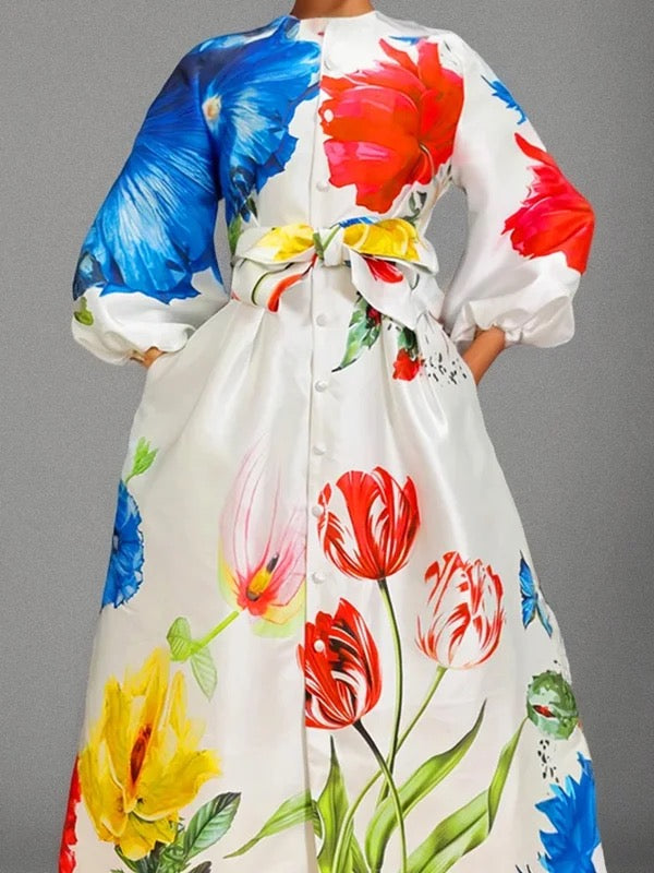 A-Line Long Sleeves Buttoned Elasticity Pockets Tied Waist Mock Neck Maxi Dresses