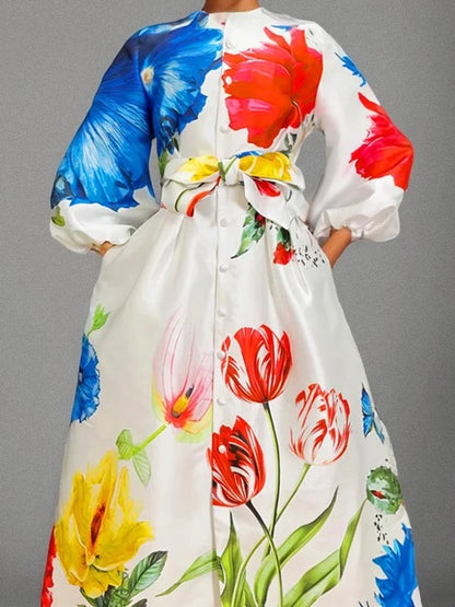 A-Line Long Sleeves Buttoned Elasticity Pockets Tied Waist Mock Neck Maxi Dresses