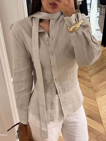 Long Sleeves Buttoned Solid Color Streamer Lapel Blouses&Shirts Tops