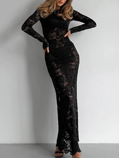 Bodycon High Waisted See-Through Solid Color Split-Joint Round-Neck Cover-Up Maxi Dresses