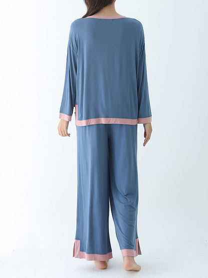 Long Sleeves Loose Contrast Color Round-Neck Two Pieces Pajama Set