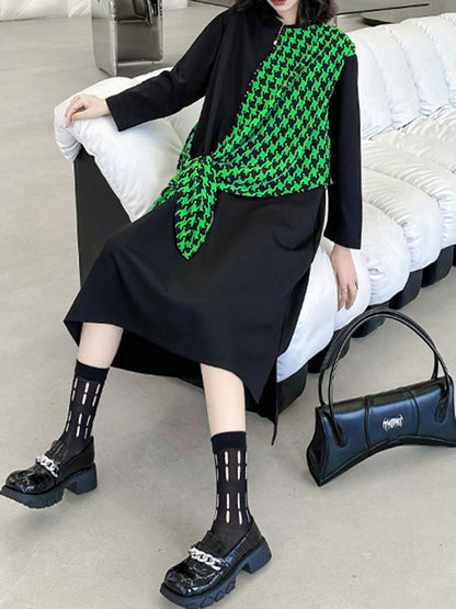 A-Line Long Sleeves Asymmetric Contrast Color Houndstooth Split-Joint Round-Neck Midi Dresses