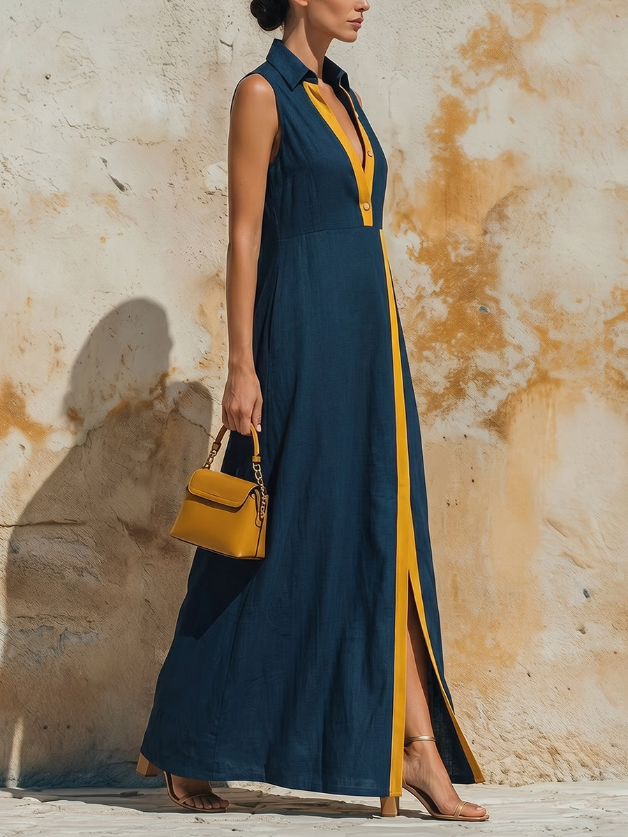 High Waisted Loose Buttoned Contrast Color Split-Front Zipper Lapel Maxi Dresses