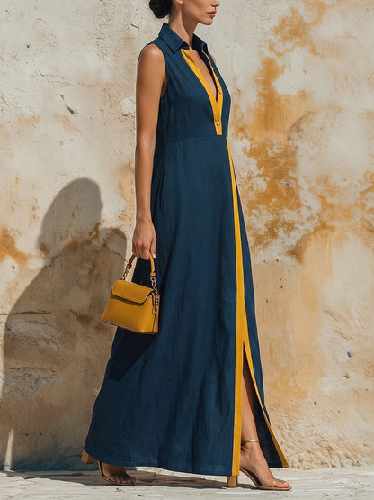 High Waisted Loose Buttoned Contrast Color Split-Front Zipper Lapel Maxi Dresses