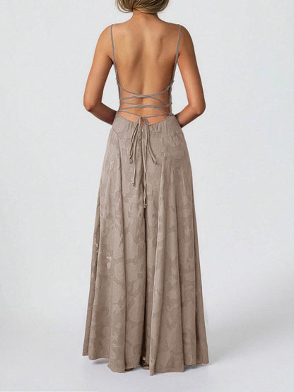 A-Line High Waisted Jacquard Pleated Solid Color Spaghetti-Neck Maxi Dresses