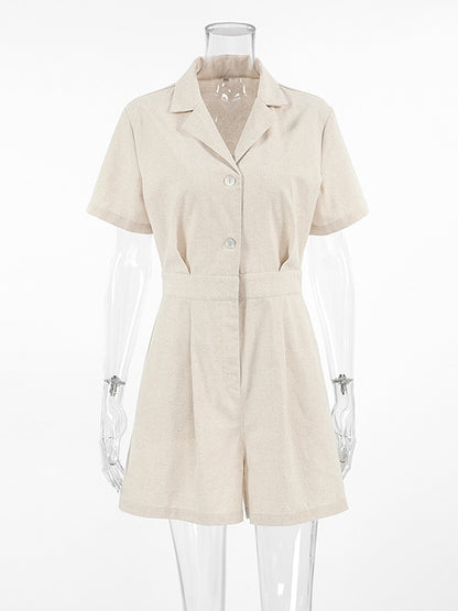 High Waisted Loose Buttoned Pleated Pockets Solid Color Split-Joint Notched Collar Rompers