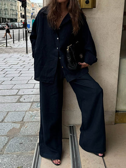 Loose Solid Color Lapel Buttoned Long Sleeves Blouses&Shirts Tops + Pockets Pants Trousers Two Pieces Set