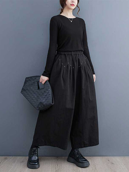 Loose Wide Leg Elasticity Embroidered Pleated Ninth Pants Trousers