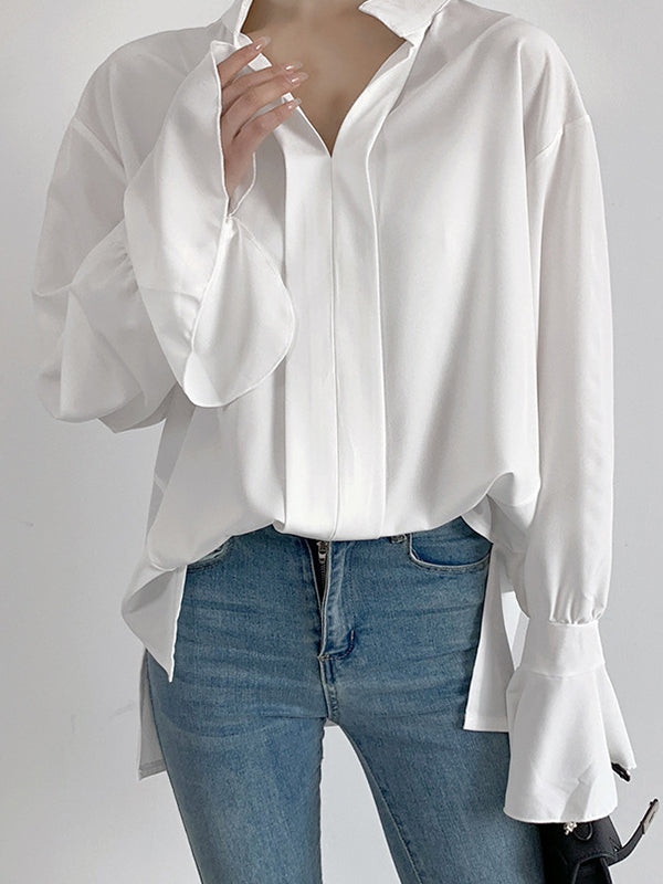 Flared Sleeves High-Low Buttoned Solid Color Split-Side V-Neck Blouses&Shirts Tops