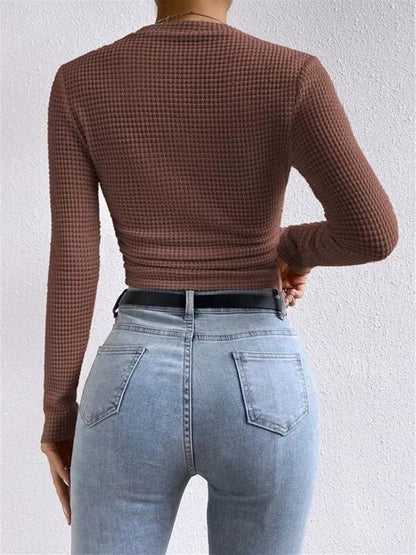 Long Sleeves Skinny Pleated Solid Color Split-Joint Textured Waffle Check Round-Neck T-Shirts Tops