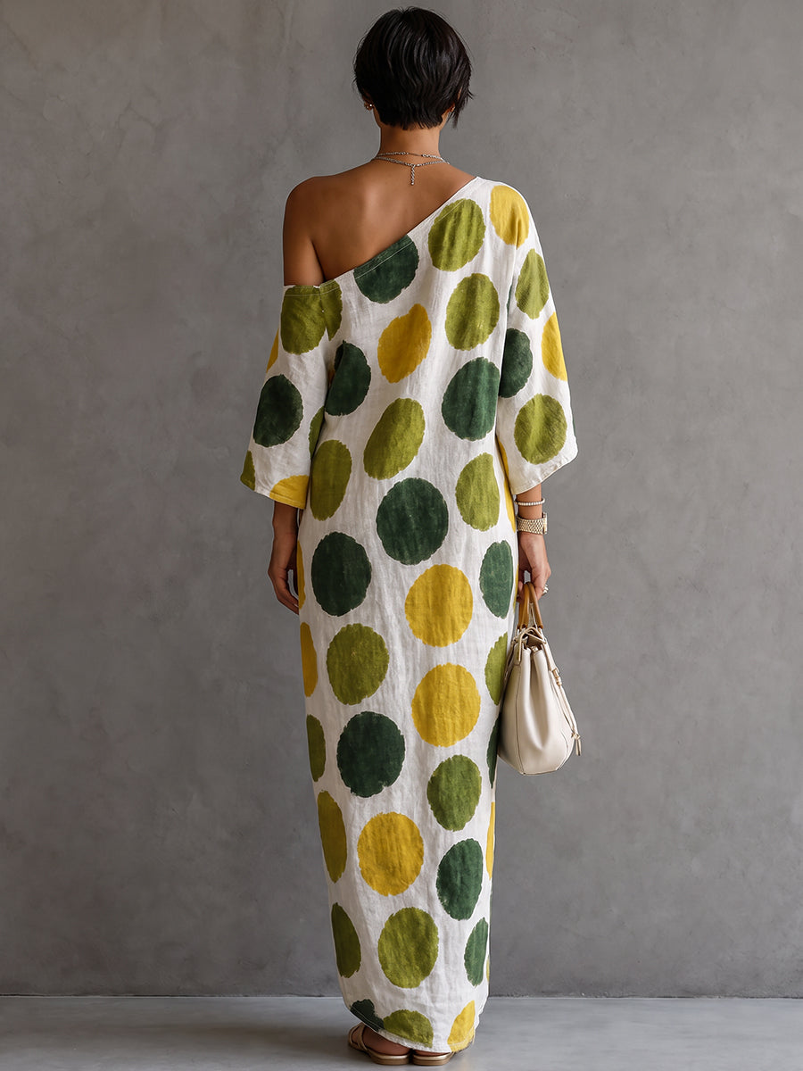 Polka-Dot Pockets Contrast Color Asymmetric Three-quarter Sleeves Loose One-shoulder Maxi Dresses