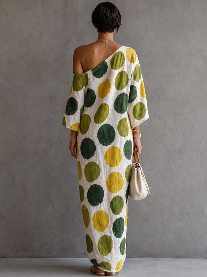 Polka-Dot Pockets Contrast Color Asymmetric Three-quarter Sleeves Loose One-shoulder Maxi Dresses