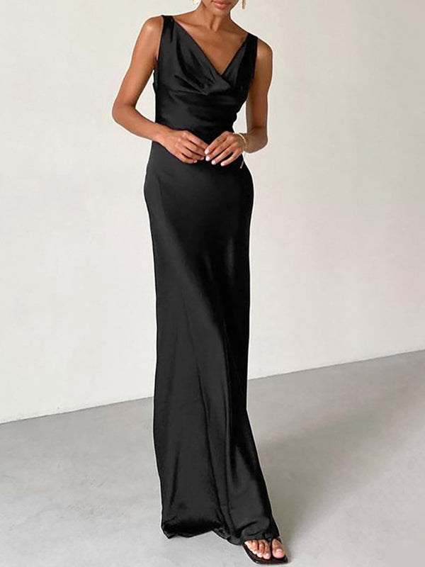 Bodycon High Waisted Solid Color V-Neck Maxi Dresses