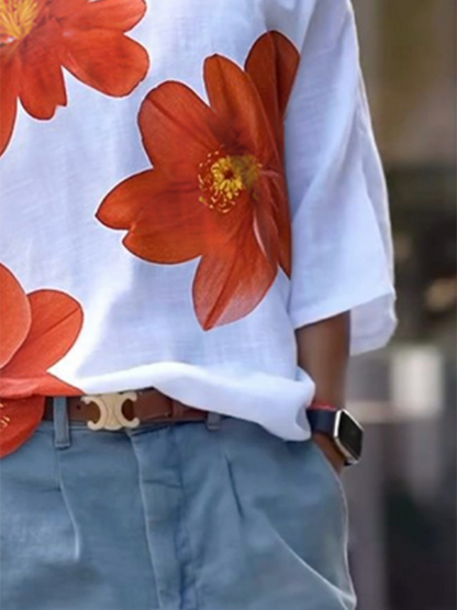 Long Sleeves Loose Flower Print One-Shoulder T-Shirts Tops