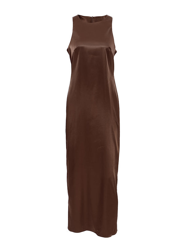 Loose Sleeveless Solid Color Split-Back Split-Joint Round-Neck Maxi Dresses