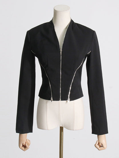 Long Sleeves Split-Joint Zipper V-neck Jackets Outerwear