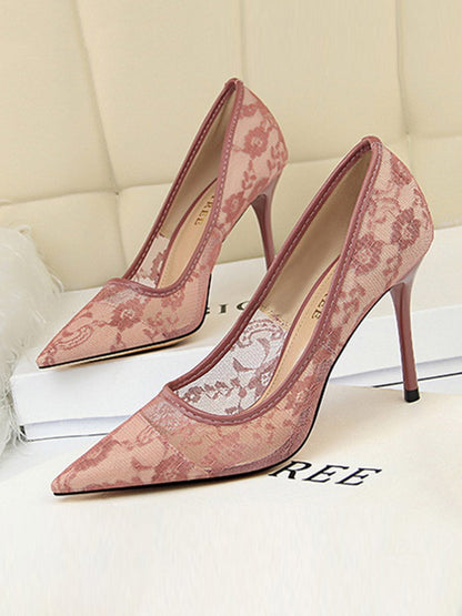 Flower Print Hollow Pointed-Toe Split-Joint Pumps