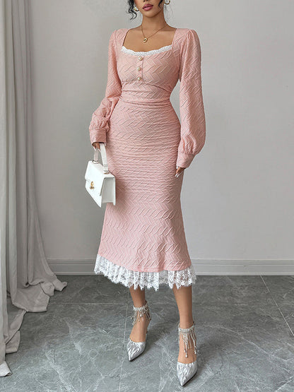 Bodycon High Waisted Lacy Pleated Solid Color Split-Joint Zipper Square-Neck Midi Dresses