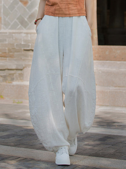 Loose Elasticity Pockets Solid Color Split-Joint Cropped Trousers Pants