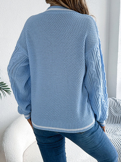Long Sleeves Puff Sleeves Cable Knit Contrast Color Split-Joint V-Neck Knit Top Sweater Tops