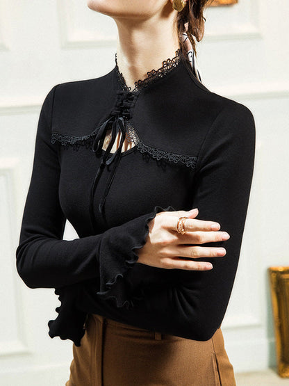 Flared Sleeves Long Sleeves Bow-Embellished Flower Shape Hollow Solid Color Split-Joint Tied Half Turtleneck Blouses&Shirts Tops