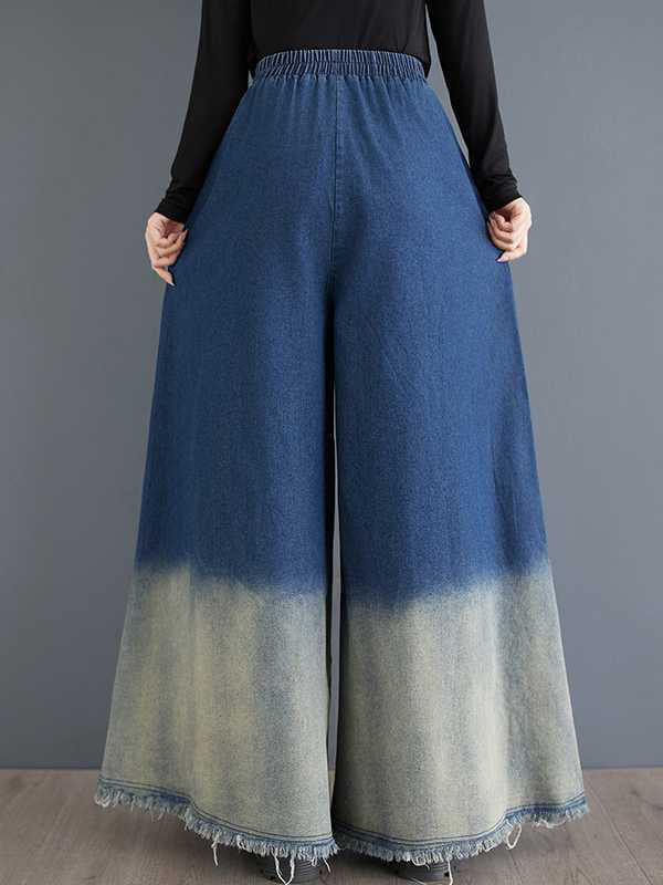 High Waisted Loose Elasticity Fringed Pockets Jean Pants Bottoms
