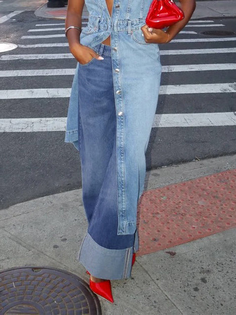 Column Loose Buttoned Solid Color Zipper Jean Pants Bottoms Trousers