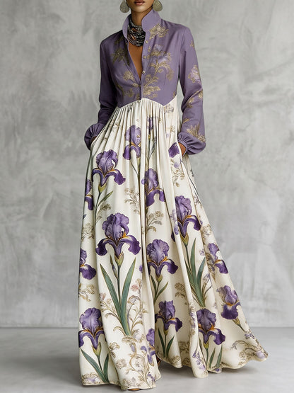A-Line High Waisted Buttoned Contrast Color Flower Print Pockets Ruched Split-Joint Stand Collar Maxi Dresses