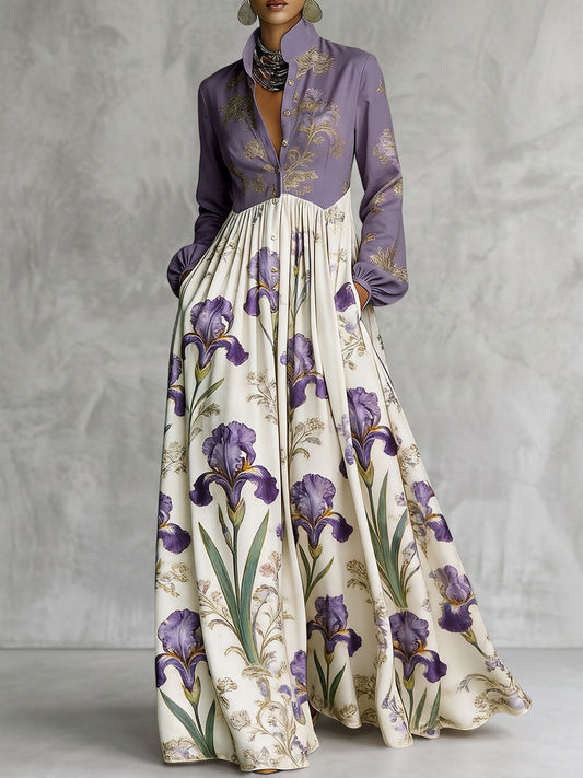 A-Line High Waisted Buttoned Contrast Color Flower Print Pockets Ruched Split-Joint Stand Collar Maxi Dresses
