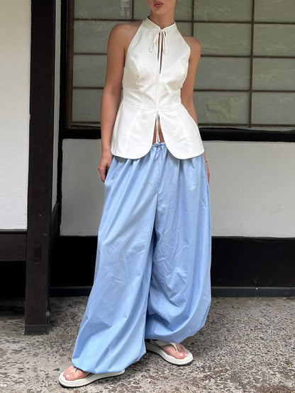 Elasticated Waist High Waisted Drawstring Pleated Solid Color Ankle-Tied Pants