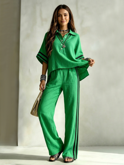 Striped Pockets Elasticity Contrast Color Wide Leg High Waisted Trousers Pants