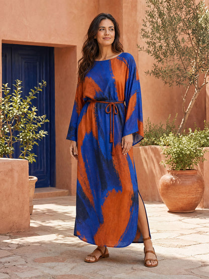 Tied Split-side Printed Contrast Color Loose Long Sleeves Round-neck Maxi Dresses