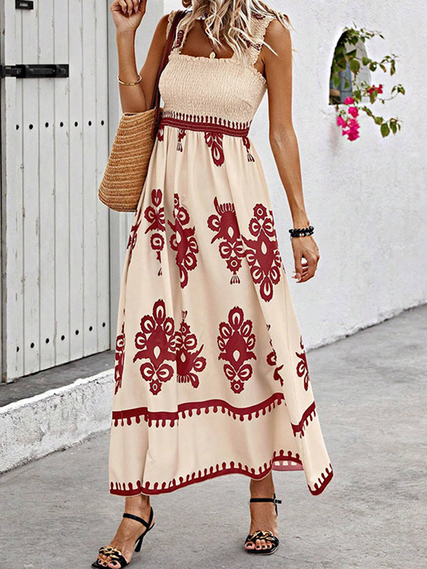 A-Line Loose Elasticity Pleated Printed Split-Joint Square-Neck Maxi Dresses