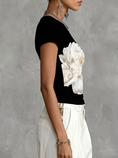 Short Sleeves Contrast Color Flower Print Round-Neck T-Shirts Tops