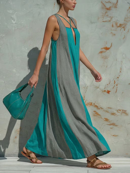 Cross-Strap Loose Backless Contrast Color Pockets Split-Joint Square-Neck Maxi Dresses