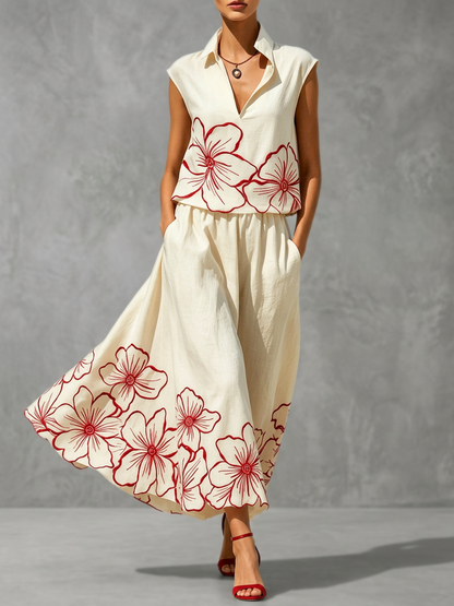 High Waisted Contrast Color Floral Printed Pleated Pockets Skirts Bottoms